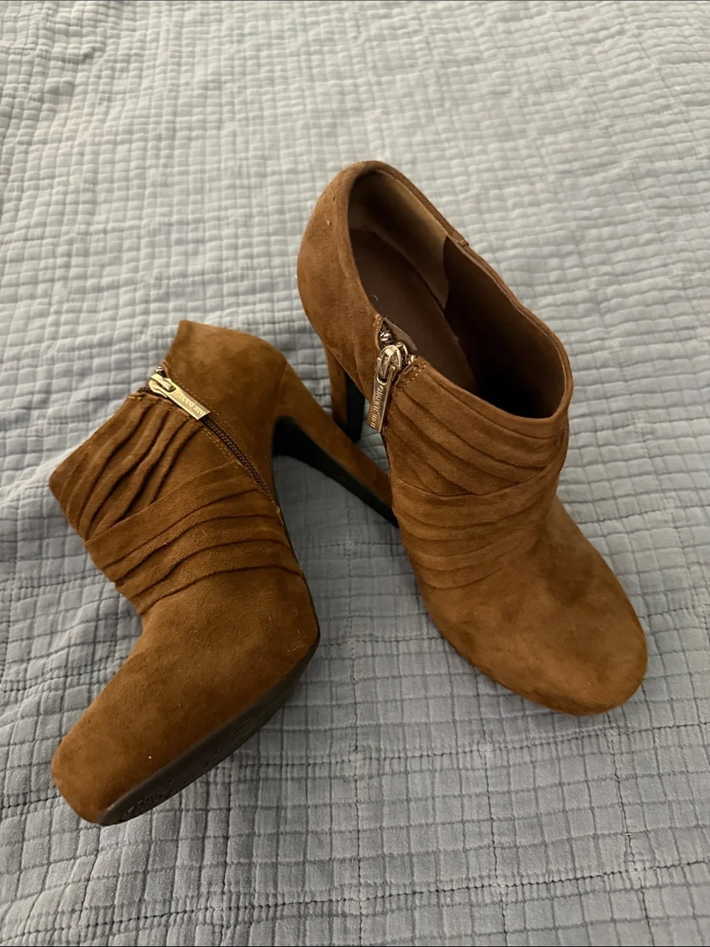 Gianni Bini Cognac Suede Ruched Ankle Booties
